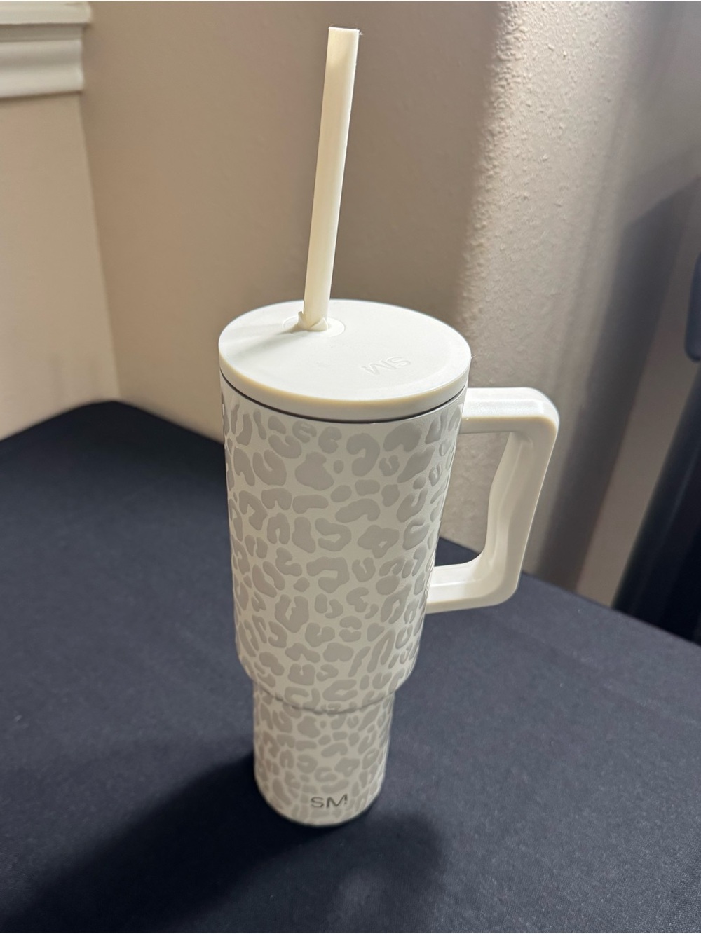 Cream Leopard Print Travel Tumbler with Handle and Straw - SM